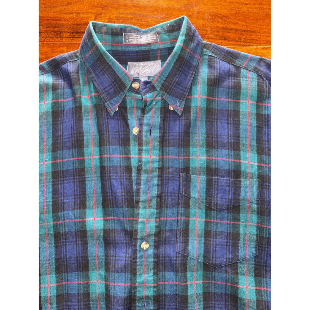 Lord & Taylor Button Down Shirt Mens L Blue Green Plaid Excellent Varsity Oxford